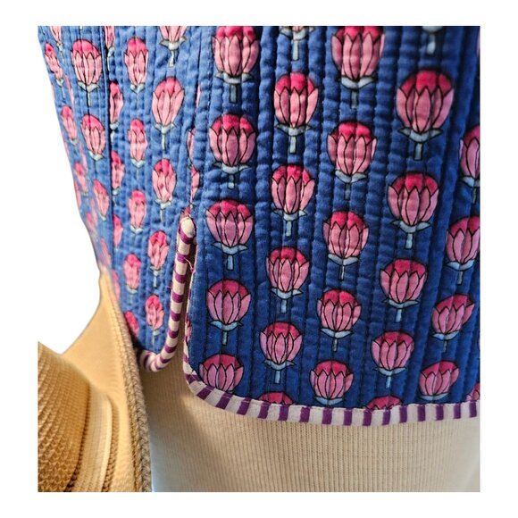 Quilted jacket, Blue/pink Lotus, screen print, 100 % cotton, reversible stripe - Picture 12 of 13